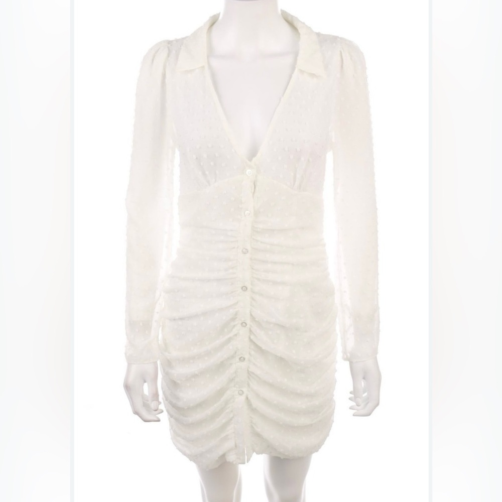 Chic White Ruched Dress with Sheer Sleeves - Picture 7 of 13
